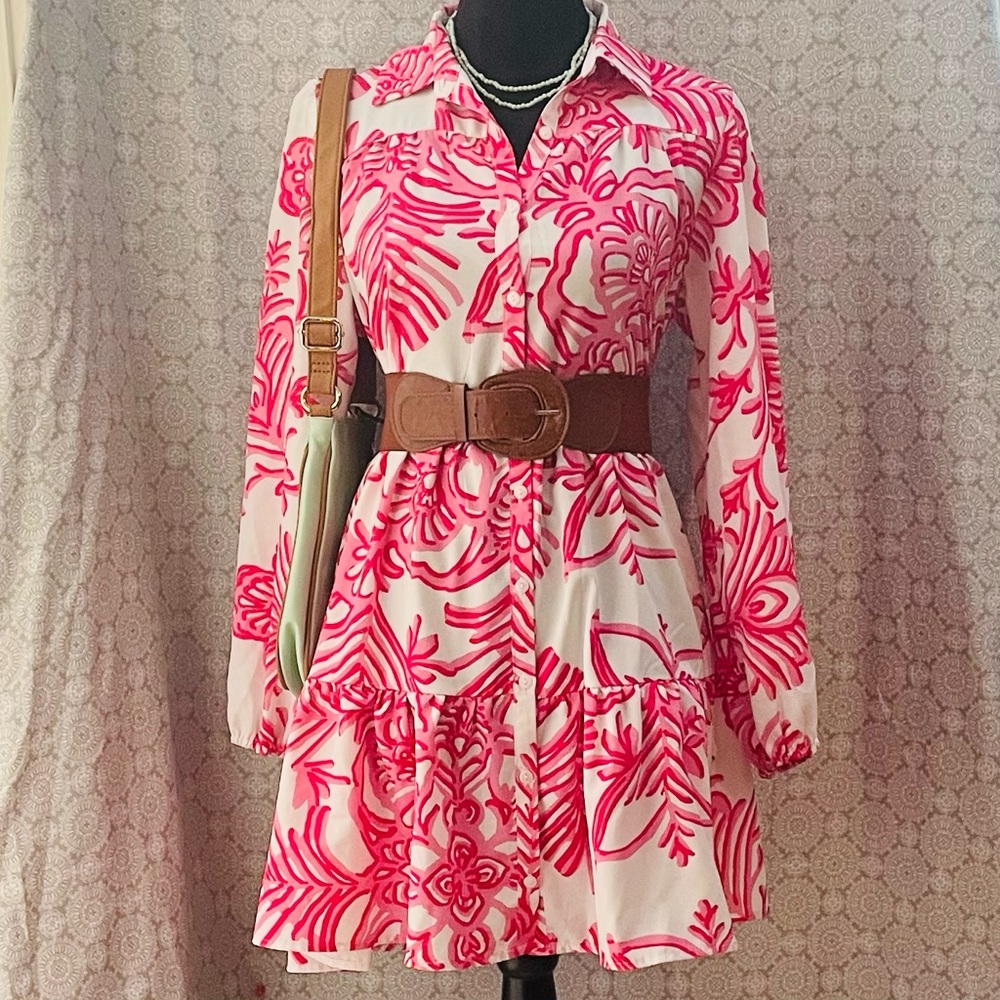 SHEIN Pink and White Trapeze Tiered Shirt Dress